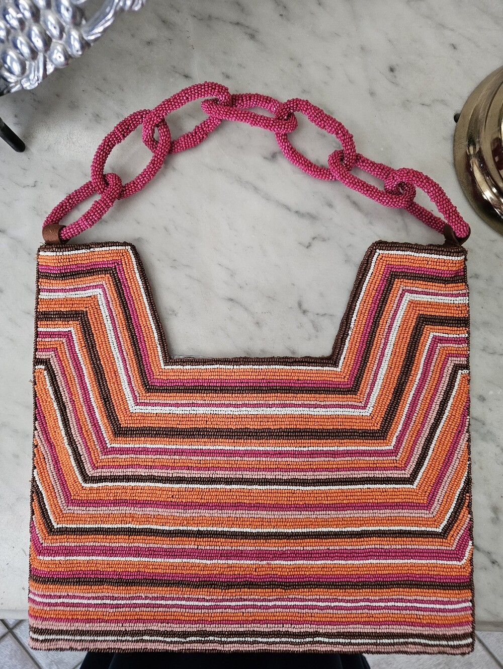 Anthropologie Beaded Chevron Stripe Shoulder Bag - Pink & Orange NWOT